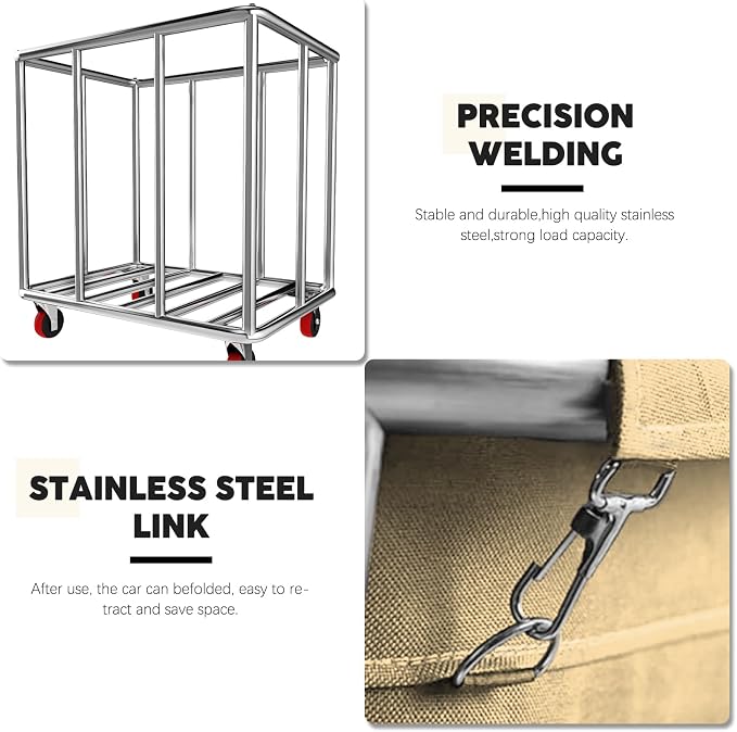Commercial Laundry Cart with Wheels, 11.42 Bushel Large Laundry Rolling Bins with Removable Waterproof Canvas Lining Basket, Heavy Duty Stainless Steel Laundry Hampers for Hotels & Hospital