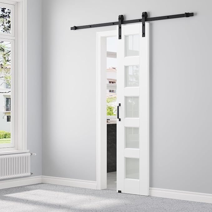 18" x 80" Pre-Assembled Sliding Barn Doors and 6FT Sliding Door Hardware Kit Included & Handle, 5-Lites Frosted Glass Barn Door for Closet Bathroom Bedroom, Solid & Water-Resistant MDF, Paintable