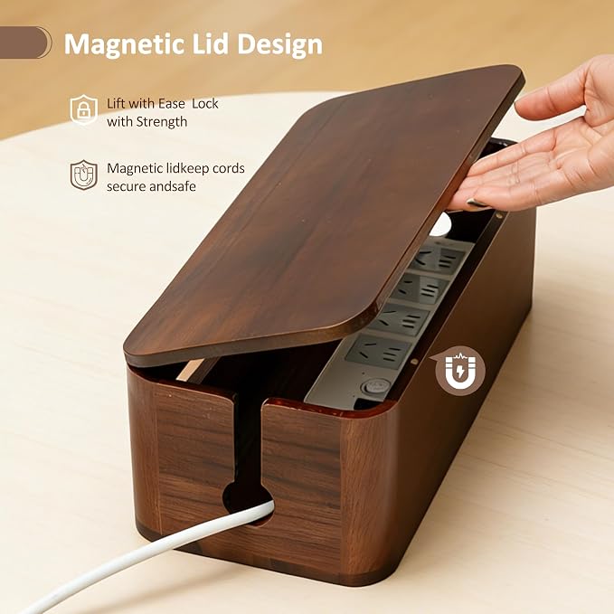 Large Acacia Wood Cable Management Box - Cord Hider&Organizer for TV Wires | Power Strip, Electrical Hiding, Desk & Floor Cables - Solution Wire Storage Solution for Office, Living Room, Bedroom