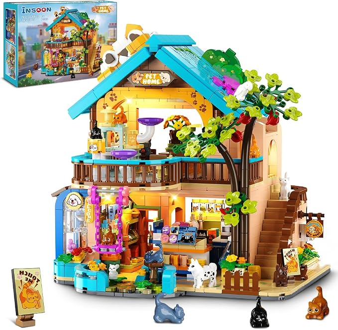 INSOON City Pet Shop Building Set with Lights for Adults Kids Boys Girls 8+ | 1431 PCS Cozy Pet Construction Toy with Cats Dogs, Cute Animal Store Miniature House Model Building Block Kit for Home Decor