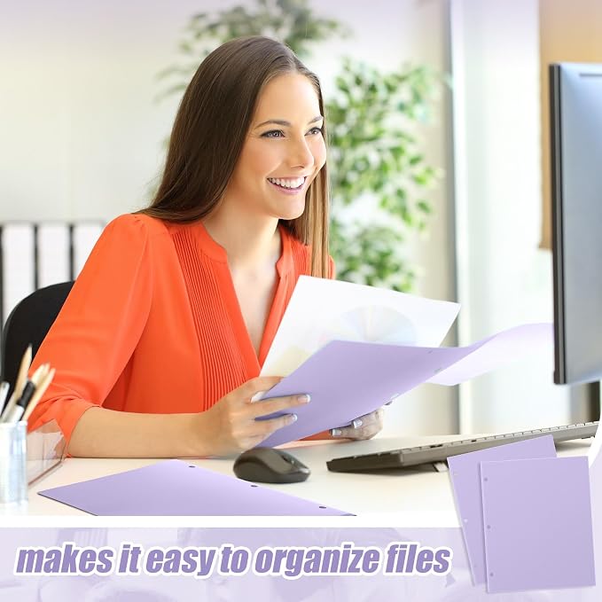 Yeaqee 50 Pcs Plastic Folders with Pockets Bulk 3 Hole Punched 2 Pocket File Folders for 3 Ring Binder Divider Folder for Notebooks, Durable Poly for Office Home (Light Purple)
