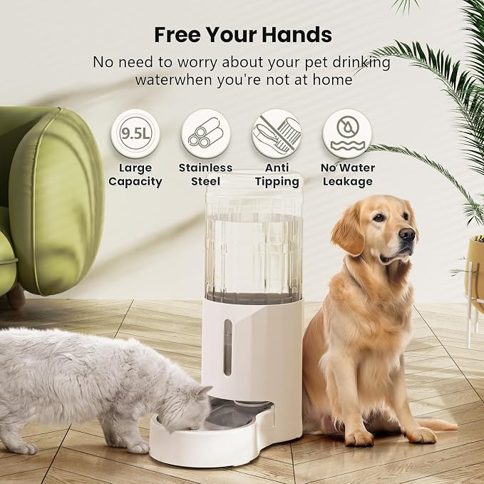 CZPET Dog Water Bowl Dispenser 9.5L, Wider Mouth Gravity Refilling (White) | With Stainless Steel Bowl Gravity Waterer, Large Capacity and Drinking Area Noise-Free for Pets