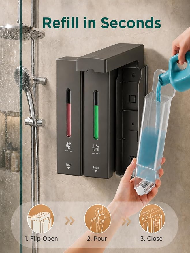 Shampoo and Conditioner Dispenser Wall Mounted, 3-Chamber Shower Soap Dispenser for Bathroom, 1200ML Large Capacity, No-Drill Installation, Clog-Free Pump for Thick Liquids (grey-3-pack)