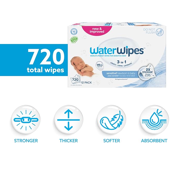 WaterWipes Sensitive+ Newborn & Baby Wipes, 3-In-1 Cleans, Cares, Protects, 99.9% Water, Unscented & Hypoallergenic, 720 Count (12 Packs)