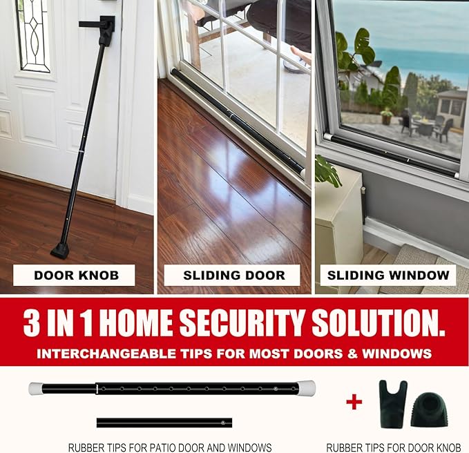 SECURITYMAN 3-in-1 Door Security Bar, Security Door Stoppers & Door Barricade – Heavy Duty Adjustable Iron Security Lock Bar for Home Defense, Apartment & Travel Safety (1 Pack - Black)