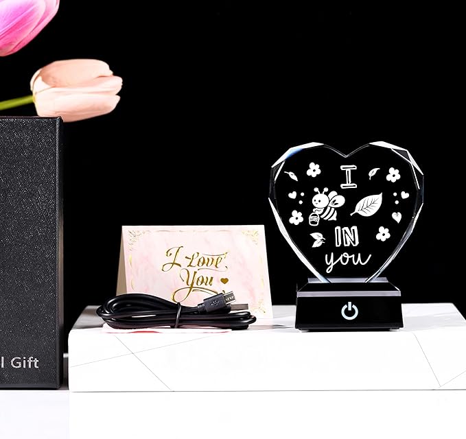 ZHSHWAT I Bee Leaf in You-Christmas Crystal Night Light, Heart Shaped Color Changing LED, USB/Battery Operated, Perfect Encouragement Gift for Her