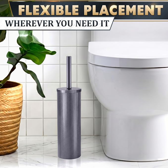 Graphite Metallic Stainless Steel Toilet Brush and Holder Set - Toilet Bowl Brush and Holder with Splash Cover, Sturdy Bristles, Corrosion & Scratch Resistant - Elegant Design, Effective Deep Cleaning
