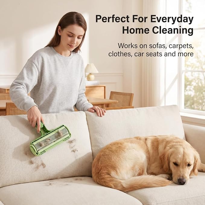 Pet Hair Remover Roller for Cats and Dogs, Reusable Fur Cleaner for Sofa, Couch, Carpet, Clothes and Bedding, Self-Cleaning Lint Roller Tool for Furniture and Home Cleaning - Green