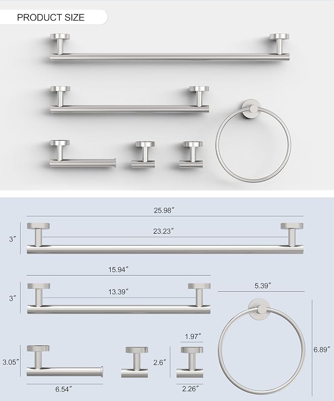 6 Pcs Brushed Nickel Bathroom Accessories Hardware Set SUS304 Stainless Steel Hand Towel Bar Toilet Paper Holder Towel Ring Robe Towel Hooks Wall Mounted by HOMEMYSTIQUE