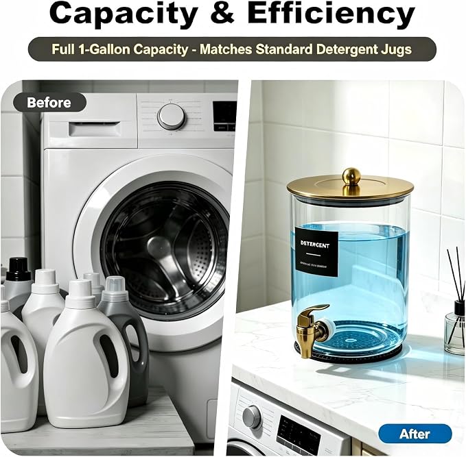 Glass Laundry Detergent Dispenser,1 Gallon Large Liquid Soap 1Pack(Gold) | Complete borosilicate jars set with leakproof spigots, protective silicone mats, minimalist labels, and dosing cups.