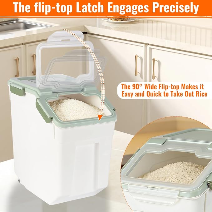 4 Pack Rice Container 25 lbs Large Bulk Flour Sugar Storage Holdhouse Plastic Grain Cereal Dry Goods Bin with Spoon and Measuring Cup for Kitchen Pantry Organization - Green