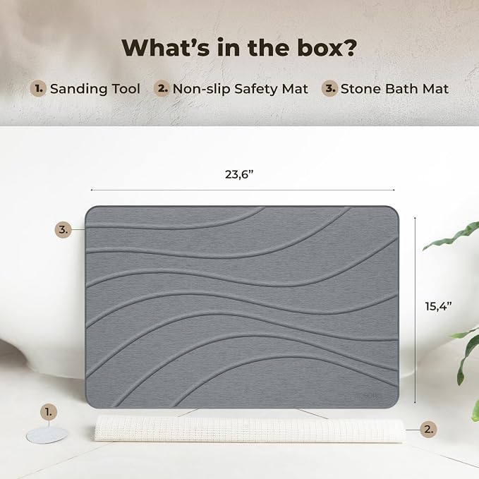 TOSORO - Stone Bath Mat Diatomaceous Earth Shower Mat Non-Slip Super Absorbent Diatomite Stone Bath Mats for Bathroom Floor Quick Drying Natural Easy to Clean (23.5 x 15) - Graphite