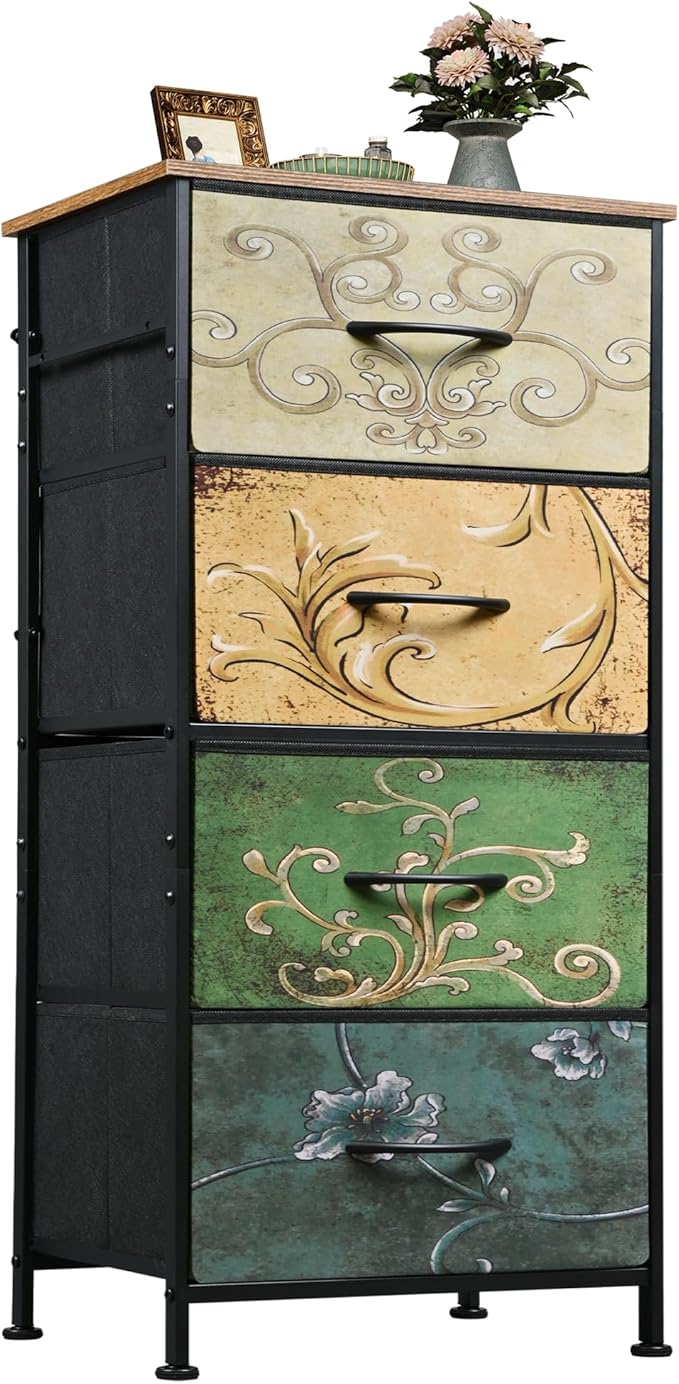 WLIVE Small Dresser Nightstand for Bedroom, 4 Drawers, Floral | 4 vertical fabric drawers, Space-saving tower, Bedroom or closet use, Chest of drawers, Dresser for small spaces