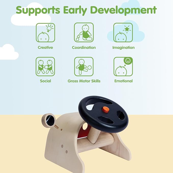PlanToys® Wooden Driving Console Montessori Kids Pretend Play Dashboard Toy | steering wheel gear shift controls, wooden driving console, montessori pretend play dashboard, role play coordination, kids t