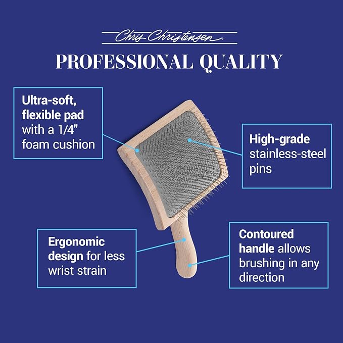 Chris Christensen Mark VII Curved Back Slicker Brush for Dogs, 12mm Pins, Groom Like a Pro, Handcrafted Lightweight Beechwood Ergonomic Handle, Stainless Steel Pins, A5VII, Large. Made in Germany.