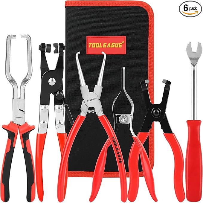 TOOLEAGUE Fuel Line Pliers Set 6Pcs, Hose Remover, 9" Fuel Filter Caliper, Hose Pipe Clamp Clip, Flat Hose Clamp Plier, 30 Degree Disconnect Pliers Set for Auto Maintenance with Storage Case