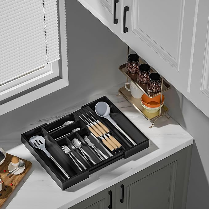 TIOPGHAD Bamboo-Silverware-Drawer-Organizer-Kitchen, Expandable Utensil Holder Cutlery Tray Flatware Organization Adjustable Wood Tableware Dividers Storage (with Removable Knife Block)(Black)