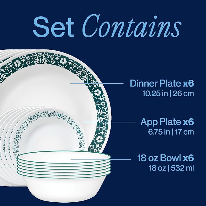 Corelle Vitrelle 18 Piece Glass Dinnerware Sets Service for 6, Triple Layer Chip & Crack Resistant Glass Plate and Bowl Sets, Penelope