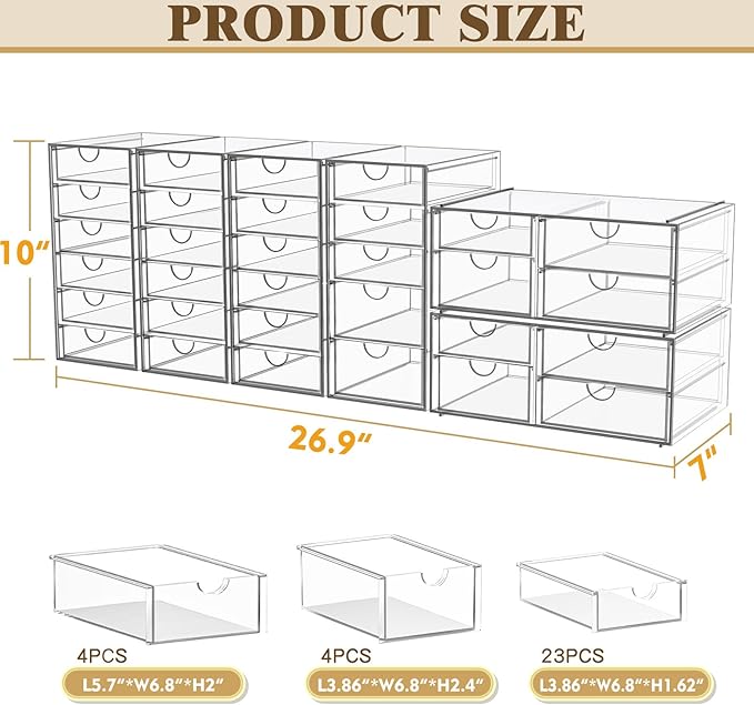 YFXCVSL Acrylic Makeup Organizer with 31 Drawers, 6 Pack Clear Storage Drawers, Bathroom Makeup Organizer for Palettes, Cosmetic, and Beauty Supplies,Ideal for Vanity, Cabinet,Desk Organization