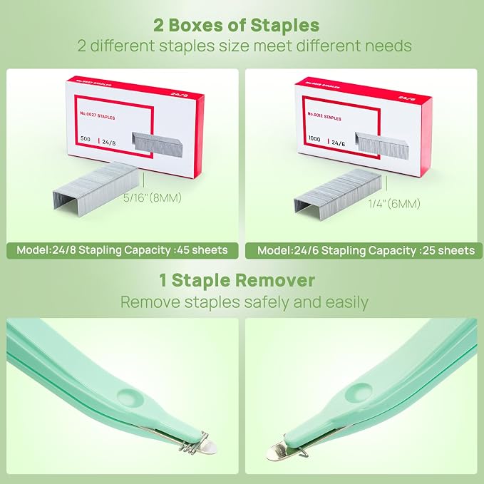 Electric Stapler for Desk Value Pack, 45 Sheet Capacity, Includes 1500 Staples & Staple Remover, No-Jam, Faster Stapling, AC Adapter Powered, Saga Green