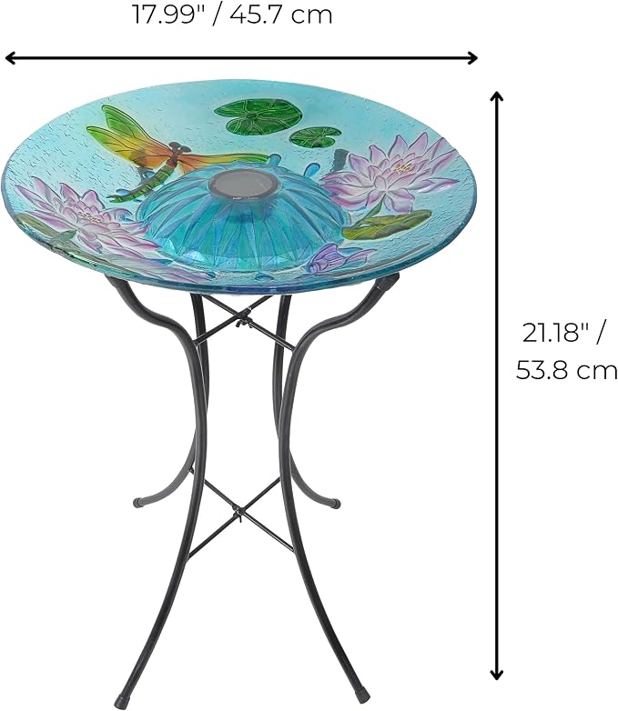 Teamson Home Handpainted Dragonfly Fusion Glass Solar Birdbath Bowl Feeder with LED Light for Outdoor Patio Garden Backyard Decking Decor, 21 Inch Height, Light Blue