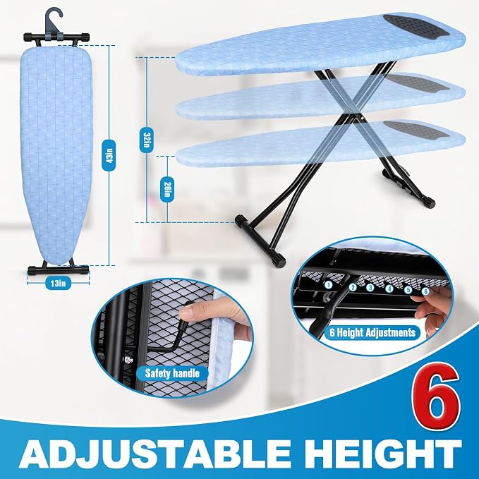 Ironing Board with Silicon Iron Mat Heavy Metal Frame Legs Iron Stand for Home, Laundry Room, Foldable Compact Ironing Board Wall Mount Hanger, Height Adjustable, 13x43in