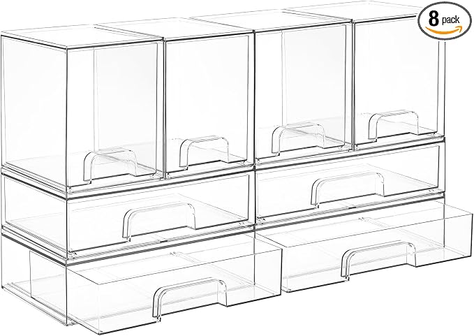 Vtopmart 8 Pack Stackable Storage Drawers Set, Clear Plastic Organizer Bins for Baby Bottle, Beauty Supplies Storage, Ideal for Kichen Countertop, Vanity, Bathroom, Cabinet, Pantry Organization