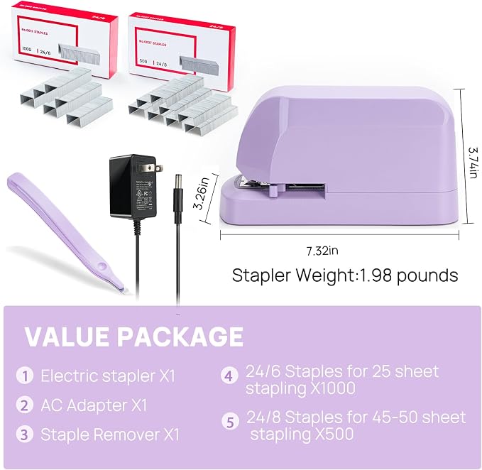 Electric Stapler for Desk Value Pack, 45 Sheet Capacity, Includes 1500 Staples & Staple Remover, No-Jam, Faster Stapling, AC Adapter Powered, Purple