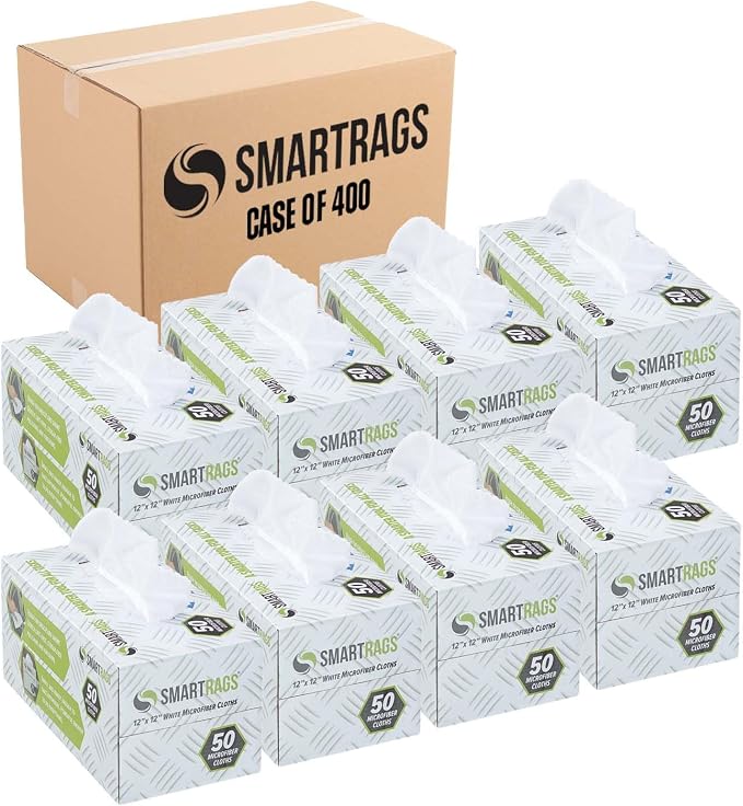 Arkwright Smart Rags Microfiber Cleaning Cloths Bulk, Case of 400, Lint Free 180 GSM Reusable Towels for Auto, Office and Household Cleaning, 12 x 12 in, White