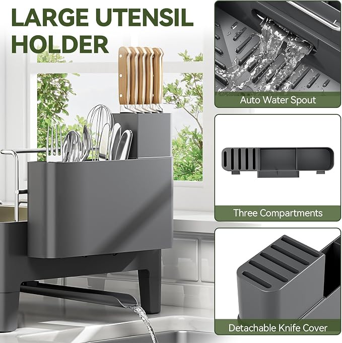Urackify Expandable Dish Drying Rack, Stainless and Aluminum Frame, Gray | Dish Drainer for Kitchen Counter, Space Saving Kitchen Drying Rack with Movable Utensil Holder, 19.69"L x 13.46"W x 9.06"H
