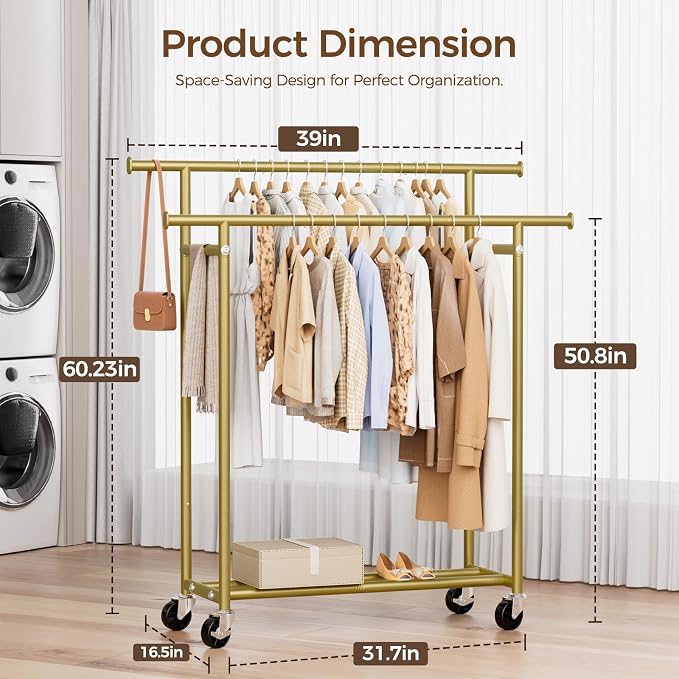HYSEYY Clothes Rack, Double Rods Rolling Clothing Rack for Hanging Clothes, Portable Garment Rack with Wheels, Coat Rack Wardrobe Closet Load 240 LBS for Bedroom Laundry Room (Glod, L)
