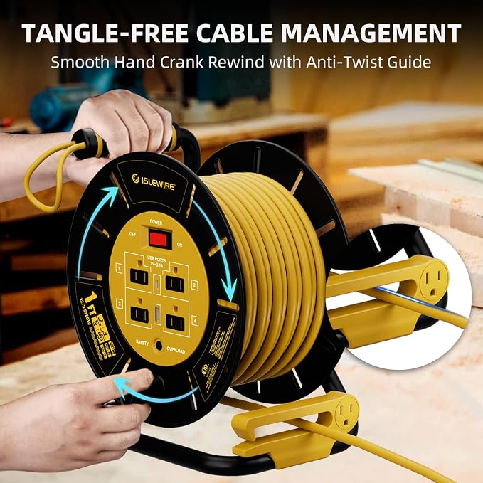 Extension Cord Storage Reel with 4-Grounded Outlets & 2 USB Ports, Heavy Duty Open Cord Reel for 12/3,14/3,16/3 Gauge Power Cord, Hand Wind Retractable, 15A Circuit Breaker, ETL Listed, Yellow