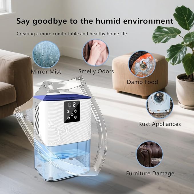 Dehumidifier, 3L/105oz Water Tank, 1100ml/Day, Bathroom Bedroom Basement RV, Ultra-Quiet 28dB Sleep Mode, Auto Shut-Off, Auto Defrost, 7-Color LED Light, Digital Display (White)
