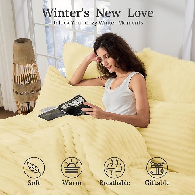 Sasttie California King Comforter Set 3 Pieces - Super Soft Fleece Comforters Cal King Size, 1 Luxury Warm Fuzzy Marshmallow Cali King Comforter with 2 Pillow Cases, Faux Fur Bedding Set, Light Yellow
