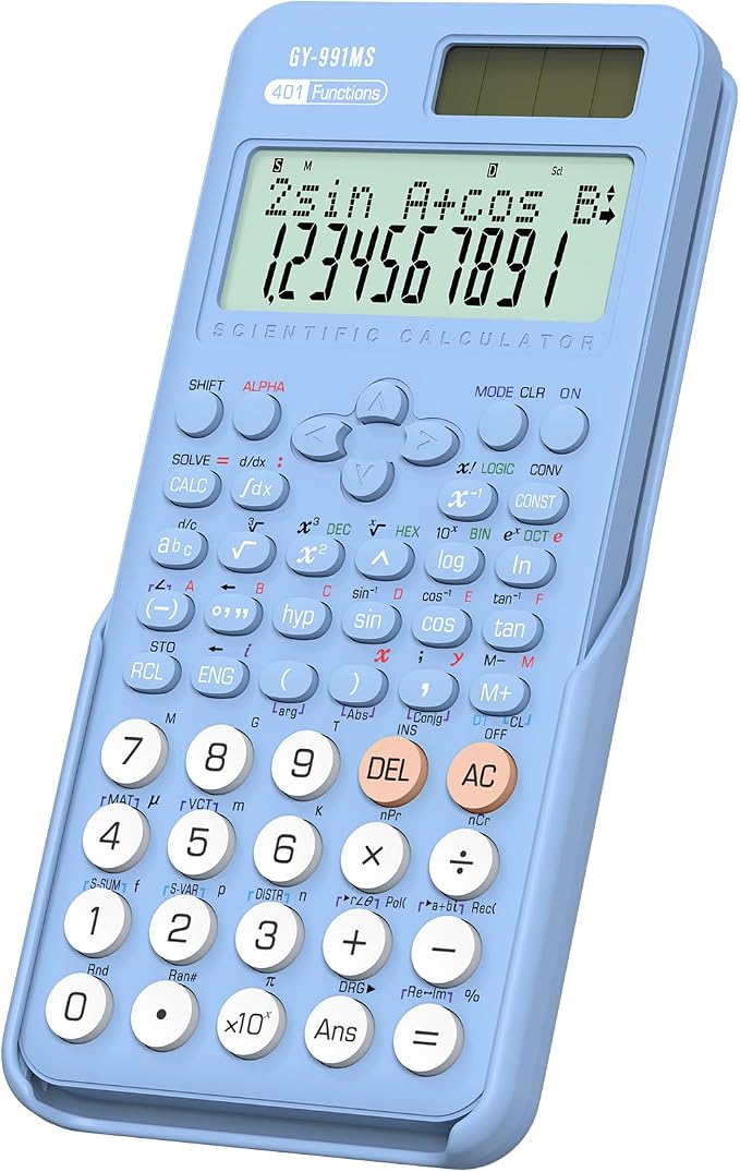 Scientific Calculator School Supplies, ROATEE 991MS 401 Functions 2-Line Display Desktop Calculator with Sliding Cover, Solar Battery Dual Power Kawaii for Middle High School Student and Teacher Blue