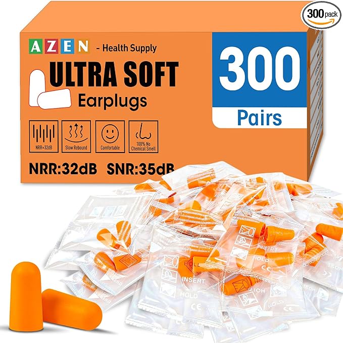 AZEN 300 Pairs Ear Plugs, NRR 32dB Soft Foam Ear Plugs for Sleeping Noise Cancelling, Earplugs for Concerts Shooting Swimming Noise Reduction,Individually Wrapped (Orange)