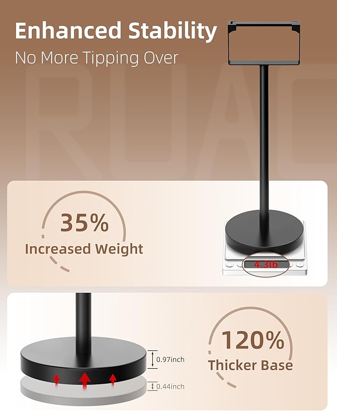 RUACQ Toilet Paper Holder Stand, Magnetic Closure Toilet Paper Stand with Lift-Up Rotating Arm, SUS304 Stainless Steel Bathroom Toilet Paper Holder Free Standing, Weighted Base (Matte Black)