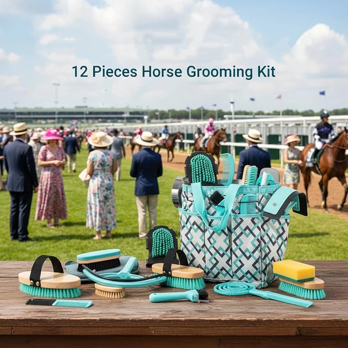 Abbylike 12 Piece Horse Grooming Kit with Organizer Tote Bag Brush Sets for Derby Day Show Horses Professional Tools for Care & Massage(Mint Green and Grey)