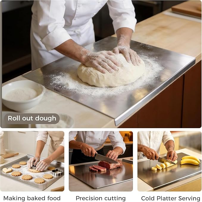 2PCS Large Stainless Steel Cutting Boards with Lip, Kneading Cutting Board Mats, Metal Cutting Board for Meat, Fruits, Vegetables, Bread, Baking, Non Adhesive (19.75" x 15.75", 15.75" x 11.5")