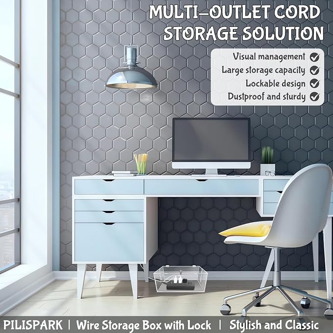 2PC Cable Management Box with Lock,Acrylic,Cable Organizer Box & Power Strip Cover, Wire Organizer for Surge Protector Power Strip,TV Computer,Cable Wires of Home,Office,Child and Pet Proof
