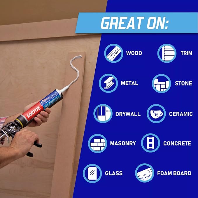 Loctite Power Grab Express All Purpose Construction Adhesive, 9 fl oz Cartridge, 12 Pack - Versatile Construction Glue for Cement, Tile, Wall & More