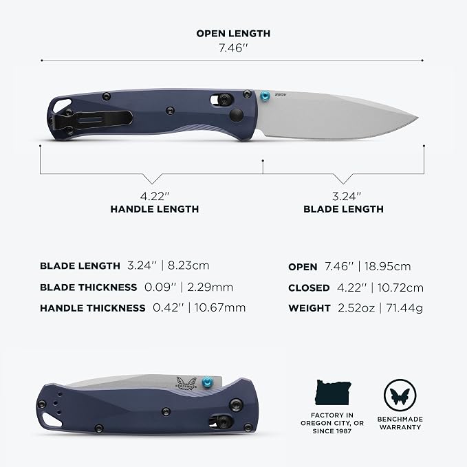 Benchmade Bugout EDC Knife, S90V Steel Blade (535SL-13) | Crater Blue Aluminum handle, Drop-Point blade