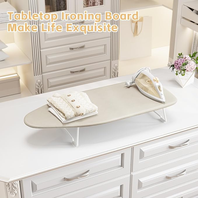 Small Ironing Board top with Heat Resistant Cover, Compact Mini Ironing Board with Metal mesh Frame,for Dorm,Apartment and Travel, Hook for Hanging, Iron Board, Iron Table Stand 12”×30” Cream White