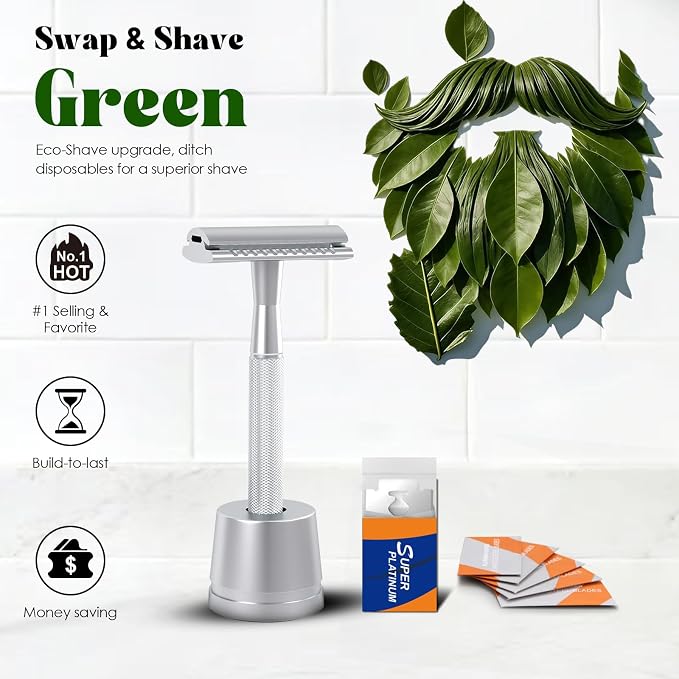 Double Edge Safety Razors for Men, Reusable Single Blade Razor | Stainless Steel Shaving Razor Kit, Includes 10 Blades & 1 Stand, Smooth Close Shave, Classic Grooming Tool, Gifts for Men
