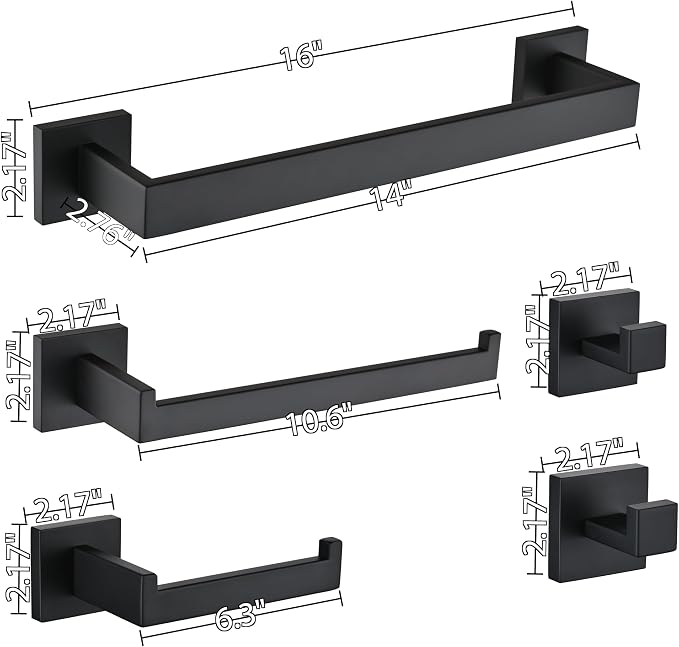 5 Piece Bathroom Hardware Set Matte Black, SUS304 Stainless Steel Towel Bar Set, Modern Square Accessories with 16 Inch Rack Toilet Paper Holder Robe Hooks (Matte Black)