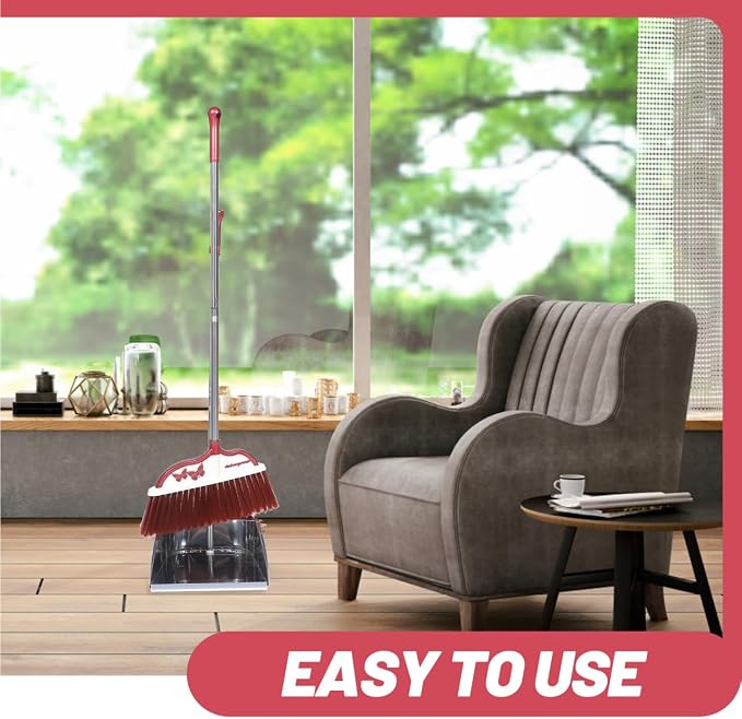 Mikinona Broom and Dustpan Set with Long Handle, Light Weight Stainless Steel Poles Stand Upright Dustpans with Broom Combo for Home Kitchen Office Pet Dog Hair