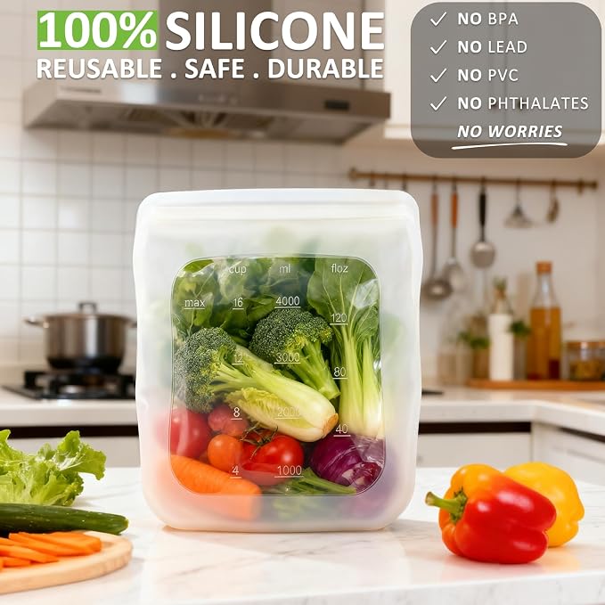 100% Silicone Gallon Storage Bags, Extra Large Reusable 1 Gallon Silicone Storage Bags Stand-Up Zip-Lock Leakproof for Bulk Food & Large Portions, Freezer Microwave Sous Vide Dishwasher Safe, 2 Pack