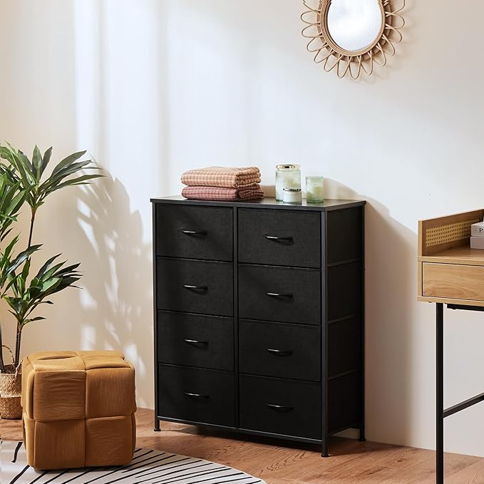 OLIXIS 8 Drawer Storage Dresser with Wood Top - Wide Fabric Chest Organizer for Bedroom, Closet, Living Room,Tower Cabinet, TV Stand, Hallway Entryway Furniture,Black