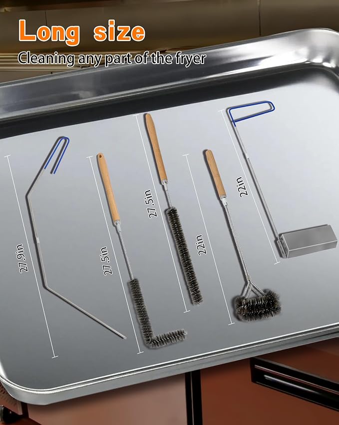 Fryer Cleaning Tool 5 Piece Set, for Commercial Kitchen, Fryer | Include Deep Fryer Basket Brush, Long Handle L-Shaped, Straight Crevice Cleaning Brush, Cleanout Rod, V-Shaped Strainer Scoop
