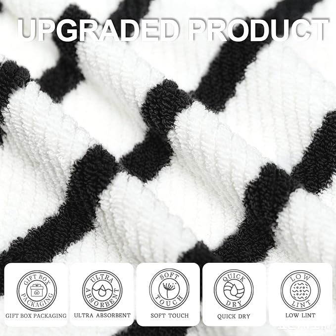 VOOVA & MOVAS Wash Cloths 4PC, 100% Cotton, 13x13 in, Black White | Thick, Quick Dry, Soft, Absorbent, Dorm Room Essentials, Perfect For Bath, Travel, Gym